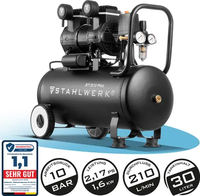 Produktbild von STAHLWERK Kompressor 30 L Tank - ölfrei & leise | 10 bar | 2,1 PS | 1,6 kW | 210 l/min | Druckluftkompressor mit Brushless-Motoren | Flüsterkompressor