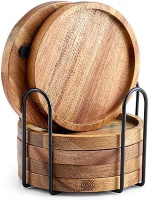 Produktbild von Untersetzer Holz Rund für Gläser 6er Set, Untersetzer aus Akazienholz mit Halter, Glasuntersetzer für Getränke, Bar, Tassen, Glas