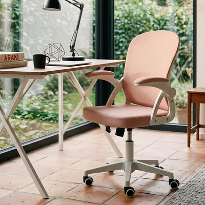 Image de Chaise de bureau ergonomique, dossier inclinable de 90 à 110°, accoudoirs pliables à 90°, réglable en hauteur, avec roulettes, couleur rose, idéale pour le télétravail