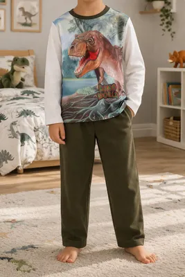 Produktbild von 98876 Dino Welt Jungen Schlafanzug Lang Gr. 116 – 100% Baumwolle – Bequemer Pyjama mit Dino-Motiv