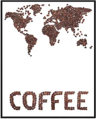 Produktbild von Wallario Wandbild Weltkarte mit Schriftzug aus Kaffeebohnen, Größe: 40,30 x 50,30 cm, Poster mit schwarzem Aluminiumrahmen