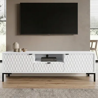 Produktbild von BEAUTYSOFA | TV-Lowboard MONTREAL 150 cm Weiß – Fernsehtisch 2 Türen, 1 Schublade, 1 offenes Fach, Rautenfräsung, selbstschließende Türen