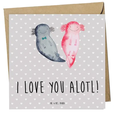 Produktbild von Mr. & Mrs. Panda Grußkarte Axolotl Liebe - Grau Pastell - Geschenk, anlasskarte, für Freundin, Hochzeitstag, Klappkarte, Liebesgeschenk, Valentinstag, doppelkarte, Frauen