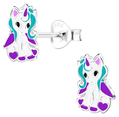 Produktbild von Kinder Ohrringe Silber 925: Einhorn Ohrstecker Lila