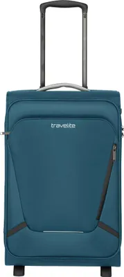 A teal Travelite suitcase with a retractable handle.