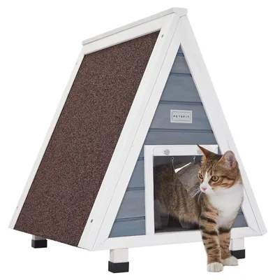 Image de Maison pour chats en bois, de forme triangulaire, avec une conception résistante aux intempéries