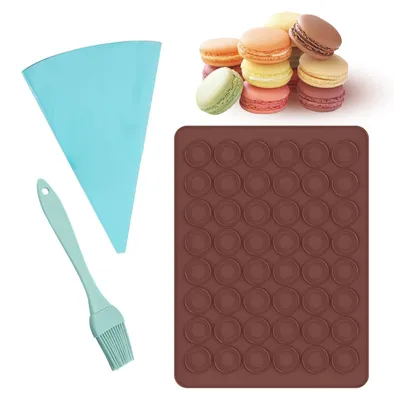 Produktbild von 1 Macaron-Backmatte, 1 Ölpinsel, 1 Spritzbeutel, Silikon-Macaron-Backmatte mit 48 Löchern, Antihaftbeschichtung, geeignet zur Herstellung von Schokolade und Keksen (39 x 28 cm).