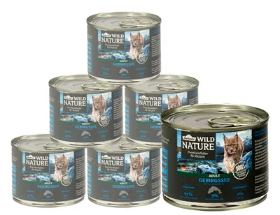 Produktbild von Dehner Wild Nature Katzenfutter Gebirgssee, Nassfutter getreidefrei, für ausgewachsene Katzen, Lachs / Forelle, 6 x 200 g Dose (1.2 kg)