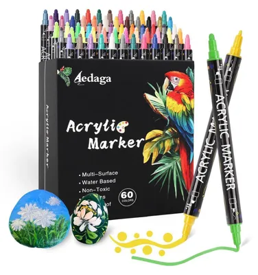 Obrázok produktu pre Sada akrylových fixiek, 60 farieb, dvojitá špička, vodeodolné, vhodné na sklo, kameň, drevo, plátno, keramiku