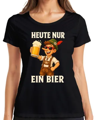 Productafbeelding van Vandaag: Alleen een biertje. Pinocchio. Lederhosen. Beierse traditionele kleding. Dames T-shirt, zwart, maat M