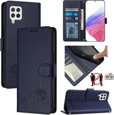 Produktbild von Leder Hülle für Samsung Galaxy A22 4G Süße Katze Flip Case Brieftasche Schutzhülle mit Standfunktion Blau