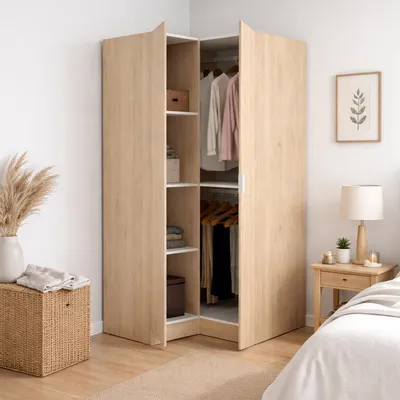 Produktbild von Kleiderschrank Dcipo, Eckmöbel für Schlafzimmer, Eckschrank mit 2 Flügeltüren, 91x93h184 cm, Eiche