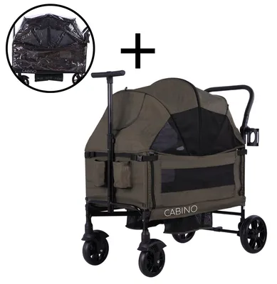 Produktbild von Cabino Bollerwagen Waggie Grün – faltbarer Handwagen für 2 Kinder mit Gurten, abnehmbarem Sonnendach, Tablett und Becherhalter, bis 50 kg