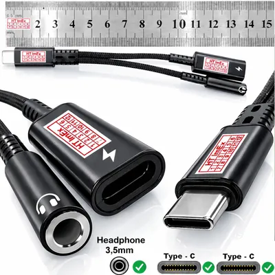 Produktbild von USB-C Y Splitter Ladekabel mit Kopfhöreranschluss AUX Adapter Schwarz
