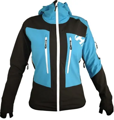 A blue and black jacket with a white zipper, displayed against a white background.