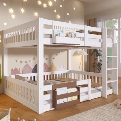 Image de Lit superposé blanc avec barrière de sécurité et échelle, comprenant des compartiments de rangement, sans matelas, idéal pour les chambres d'enfants - Dimensions : 140 x 200 cm