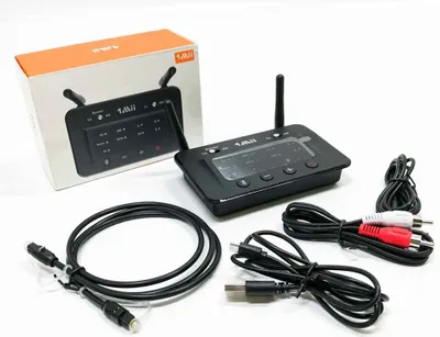 Obrázok produktu pre 1Mii vysielač prijímač Bluetooth 5.0 audio, bypass pre TV s optickým RCA AUX, aptX Low Latencia a Hi-Fi, dvojitý Bluetooth vysielač pre 2 slúchadlá, Bluetooth dlhodobý adaptér