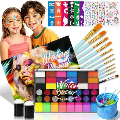 Immagine prodotto di Set di colori per il trucco del viso per bambini, con 42 colori, 10 pennelli e 6 stencil