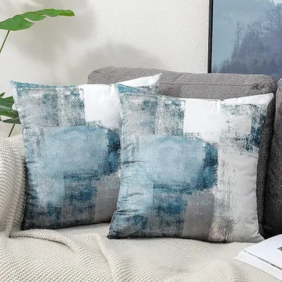 Obrázek produktu pro Dekorační povlak na polštář 40x40 cm, sada 2 sametových povlaků na polštářky, modrý povlak na polštářek ve venkovském stylu, estetický dekorační polštářek, útulný polštářek, čtvercový polštářek na pohovku, polštářek na gauč, venkovní polštářek, dekorační polštářek