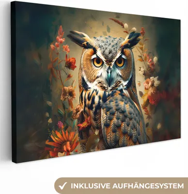 Produktbild von MuchoWow® - Leinwandbilder - Eule - Vogel - Blumen - Botanisch, Wandbild, Wanddeko Bilder Wohnzimmer, 60x40cm