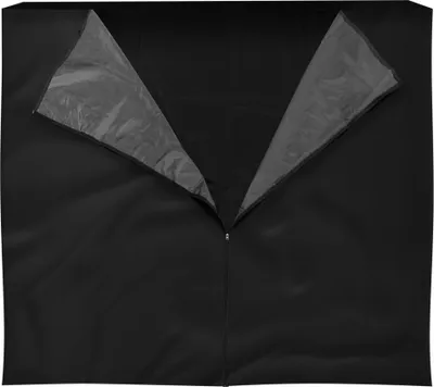 A black fabric cover with a zipper partially open, revealing a gray interior.
