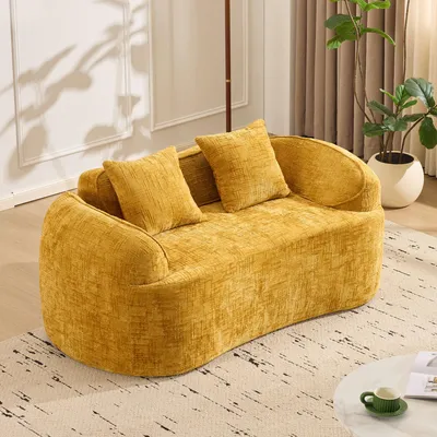 Produktbild von Gelbe gebogene Zweisitzer-Sofa mit Armlehnen, Kompressions-Couch mit 2 Kissen, Creme-Farbenes Sofa für kleine Räume, Wohnzimmer, Schlafzimmer, keine Montage erforderlich