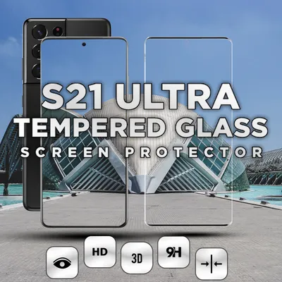 A Samsung Galaxy S21 Ultra phone with a screen protector in front of a modern building.