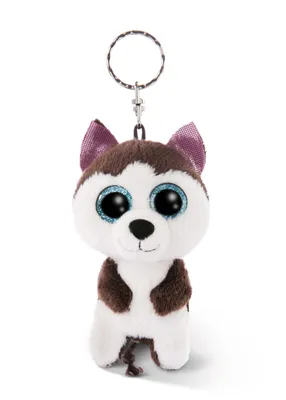 A plush husky keychain is shown against a white background.