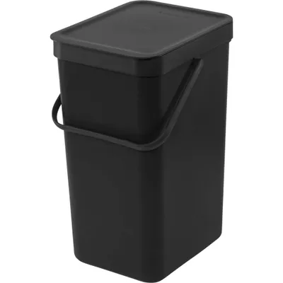 A black Brabantia 'Sort & Go' waste bin with a lid and handle is shown against a white background.