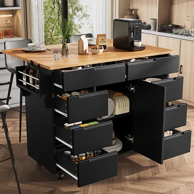 Obrázek produktu pro Kuchyňský ostrůvek MODFU s výklopnou pracovní deskou, servírovací vozík s 8 zásuvkami, kuchyňský vozík s kolečky a brzdami, regál na koření, černý, 111 x 40 x 91,5 cm