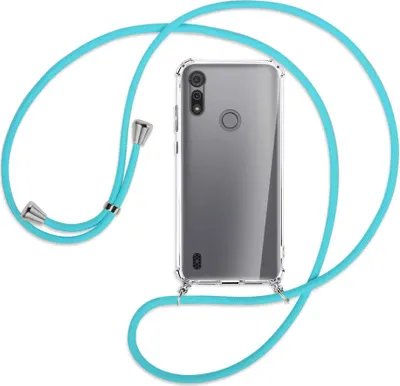 Produktbild von Handykette Backcover-Schutzhülle mit Band (Metall silberfarben) für Motorola Moto E6s - türkis