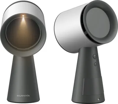 Two views of a modern, cylindrical fan or air purifier with a conical base, presented against a white background.