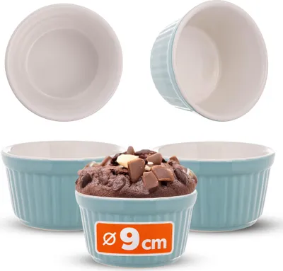 Produktbild von KADAX Soufflé Förmchen, 3 Stück, Ø 9cm Crème Brûlée Schälchen, kleine Ofenförmchen aus Keramik für Creme Brulee, Souffle & Ragout Fin (Blau)