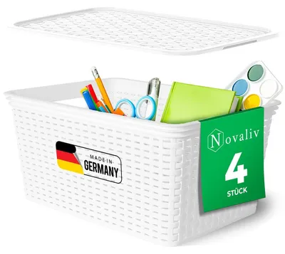 Obrázek produktu pro Novaliv sada 4 elegantních úložných košů s víkem v ratanovém vzhledu | bílý plast vhodný pro potraviny 14 l - pro kancelář i domácnost. Všestranné boxy pro skladování. Ideální úložný box