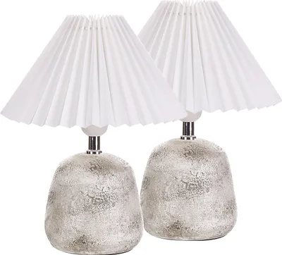 Zdjęcie produktu dla BELIANI Zestaw 2 lampek nocnych biała z szarym ceramiczna podstawa plisowany abażur lampka nocna ozdobna