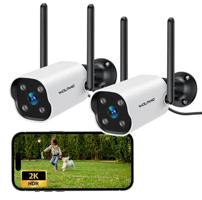 Immagine prodotto di WOLFANG, telecamera di sorveglianza esterna 2K 3MP, telecamera Wi-Fi resistente alle intemperie con lunga durata della batteria