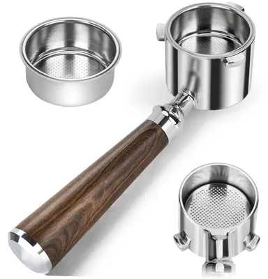 Bodenloser Siebträger 51 mm, 3 Ohren, Edelstahl, Walnussgriff