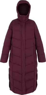 A full-length studio shot of a burgundy puffer coat.