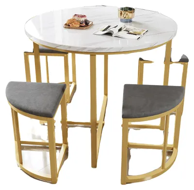 Obrázek produktu pro Jídelní set, kulatá deska z MDF, židle potažené sametem, bílo-šedé