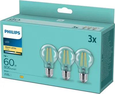 Produktbild von Philips Filament-Lampe, transparent, 60W A60 E27 x3, 7 W, 60 W, E27, 806 lm, 15000 h, Warmweiß