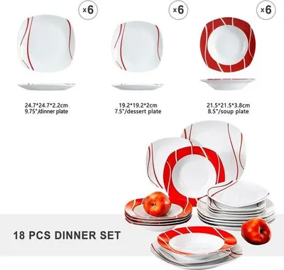 Productafbeelding van Porseleinen diner servies, 18-delig - Wit/Rood