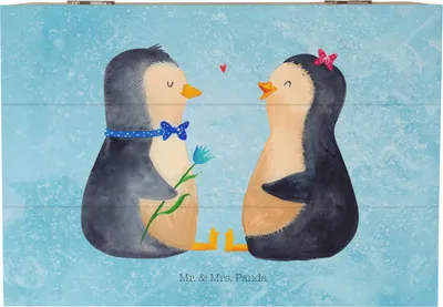 Produktbild von Mr. & Mrs. Panda Holzkiste Pinguin Pärchen 22 x 15 cm - Eisblau - Geschenk, glücklich, Liebe, Kiste mit Deckel, geschenkkiste, Aufbewahrungsbox Holz, Pinguine, Holztruhe