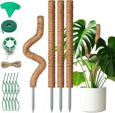 Produktbild von Moosstab Set, 4 Stück, 65 cm, Kokosfasern, mit Pflanzenetiketten und Bindematerial für Zimmerpflanzen