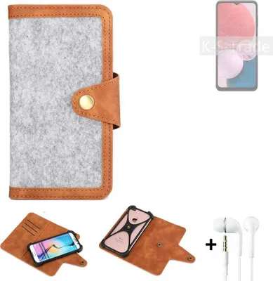 Produktbild von K-S-Trade Handyhülle + Kopfhörer kompatibel mit Samsung Galaxy A13 Schutzhülle Filz Hülle Kunstleder hellgrau braun (1x)