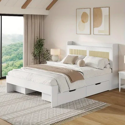 Image de Lit double avec rangement intégré et structure en bois massif, design minimaliste