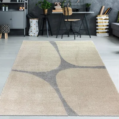 Produktbild von Kuscheliger Hochflor Teppich für Wohnzimmer & Schlafzimmer – modernes Design in Beige und Grau – pflegeleicht & robust Größe - 160 x 230 cm