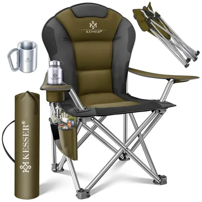 Produktbild von KESSER® Campingstuhl faltbar bis 150 kg Angelstuhl Faltstuhl Klappstuhl Gepolstert mit Armlehnen, Getränkehalter + Tasche mit hoher Rückenlehne, Strandstuhl, Klapphocker