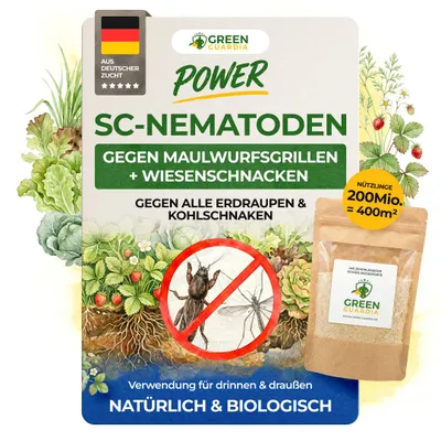 Produktbild von Power SC-Nematoden gegen Maulwurfsgrillen Wiesenschnaken & Erdraupen – 200 Mio. für 400m²,  & Chemiefrei Maulwurfsgrille Bekämpfung, GREEN GUARDIA