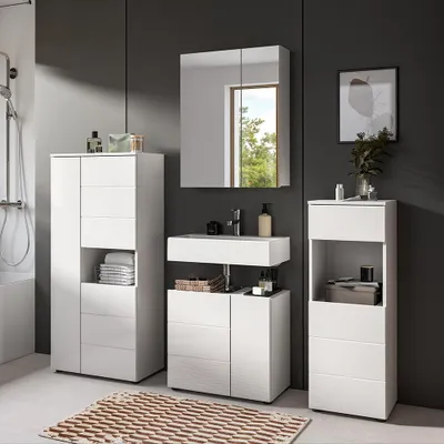 Produktbild von Badmöbel-Set 4-teilig in weiß mit weiß Hochglanz, mit Midischrank - VELLORE-158