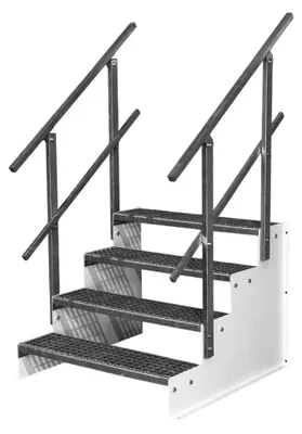 Produktbild von 4-stufige Standtreppe mit Gitterrost für den Außenbereich, Modell 2, weiß, 18 cm Stufenhöhe, 90 cm Breite, 72 cm Höhe, 2 Geländer